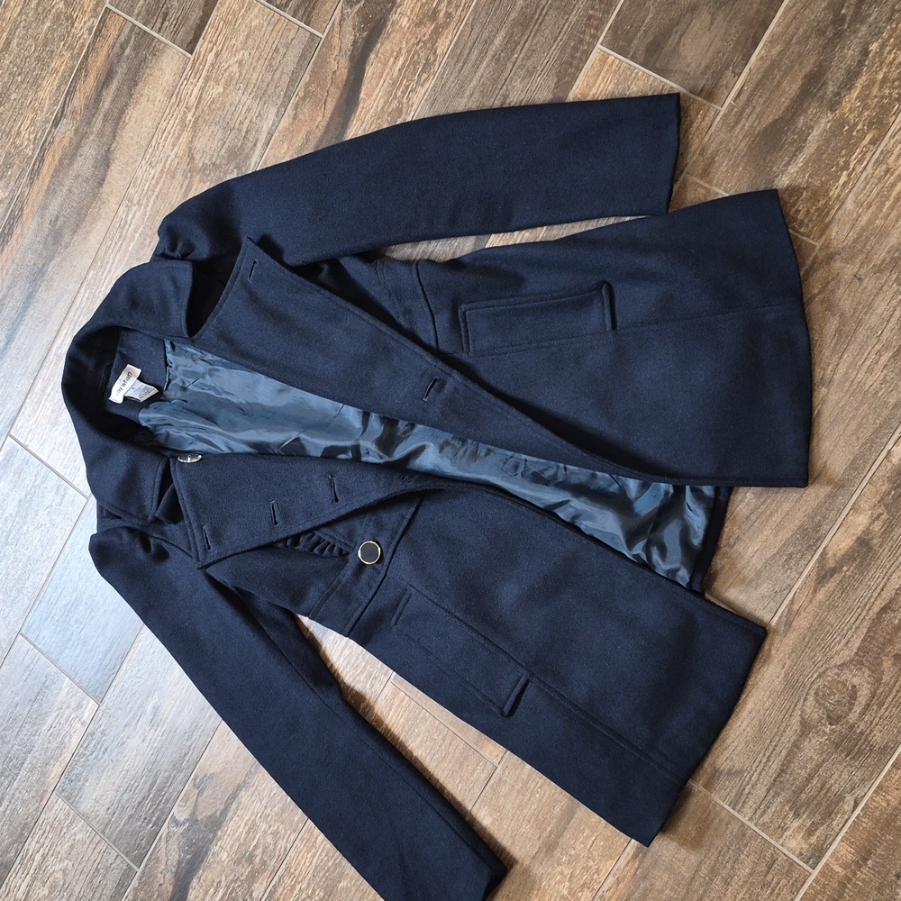 Say What? Navy Blue Ruffle Detail Puff Sleeve Wool Blend Lined Midi Coat, XS - Picture 11 of 11